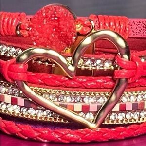 Bohemian Heart Layered Red Leather Wrap Bracelet for Women - Magnetic Cl…